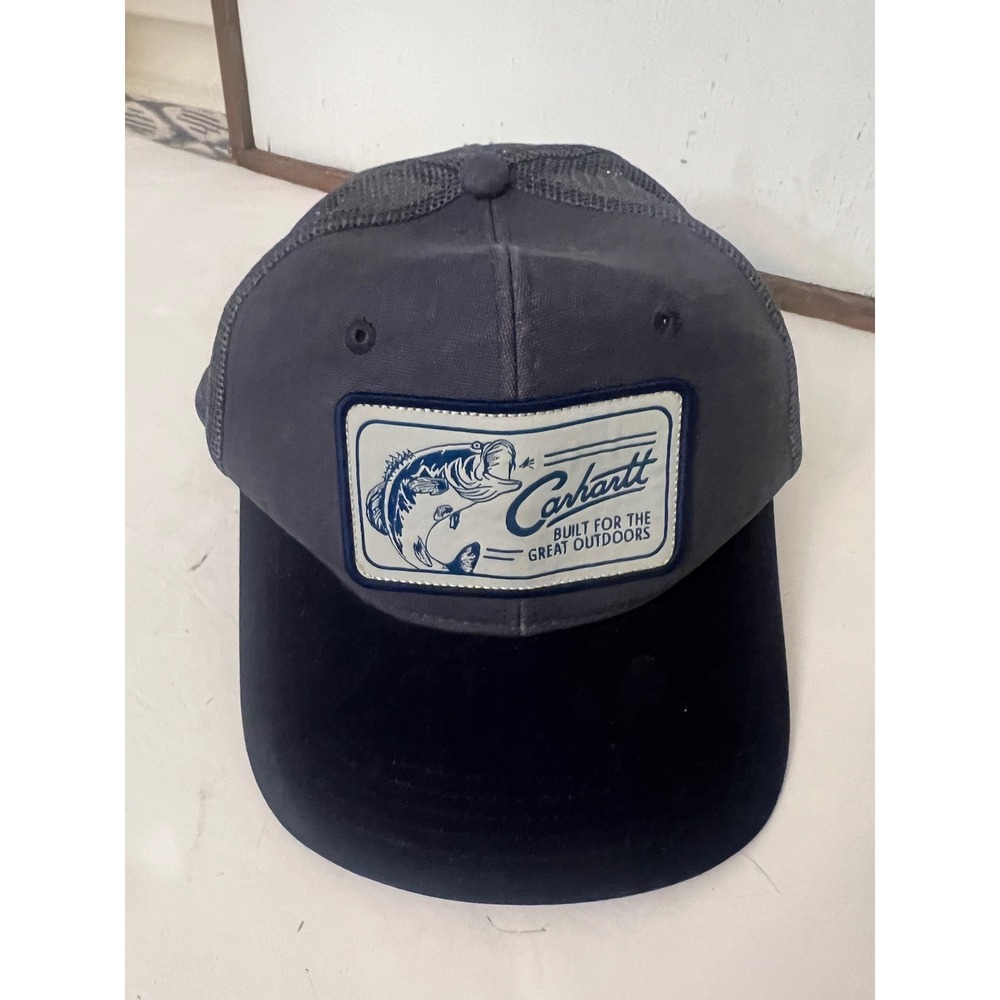 Carhartt Mens Bass Fish Great Outdoors Trucker Hat Snapback Gray Black Mesh Cap